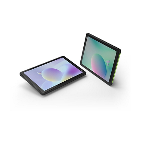 Zwei schwarze Tablets mit farbenfrohen Bildschirmen auf weißem Hintergrund. Eines liegt, das andere steht.