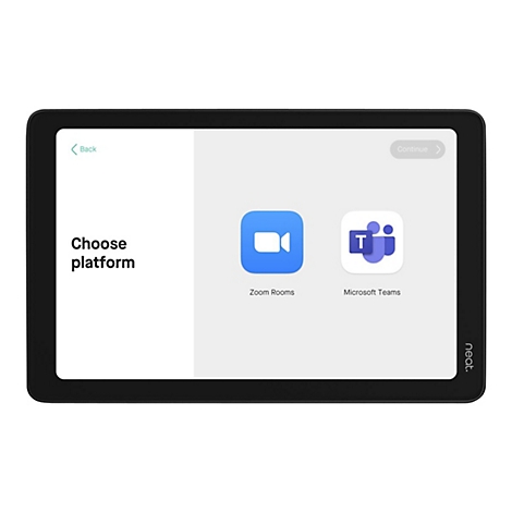 Tablet-Bildschirm mit Auswahl zwischen Zoom Rooms und Microsoft Teams. Auf dem Bildschirm steht "Choose platform".