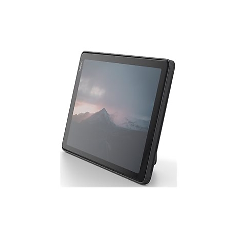 Schwarzes Tablet mit Gebirgslandschaft. Rechteckiger Rahmen, leichter Winkel, Firmenlogo oben.