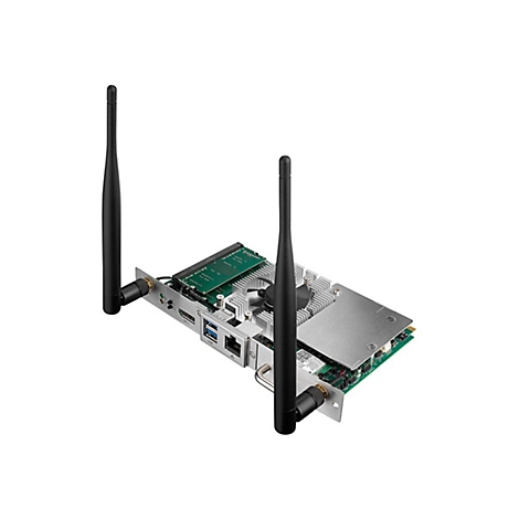 WLAN-Karte mit zwei schwarzen Antennen und Kühlkörper auf weißem Hintergrund.