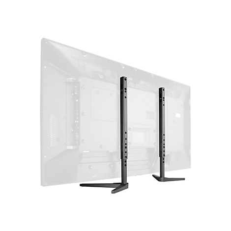 Rückansicht eines Fernsehers mit zwei schwarzen Standfüßen vor weißem Hintergrund. Der Fernseher ist hellgrau, das Gehäuse hell. Die Standfüße sind aus Metall.