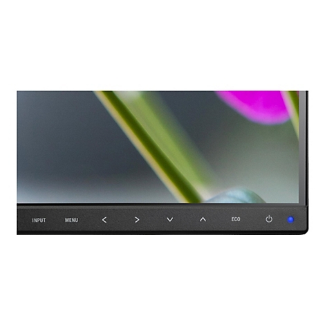 Nahaufnahme eines Bildschirmes mit Text: INPUT, MENU, Pfeiltasten, ECO und einem Einschaltknopf. Im Hintergrund unscharfe grüne und rosa Elemente.