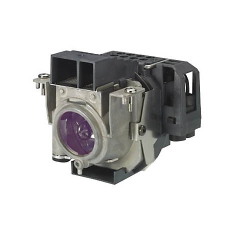 Nahaufnahme einer Projektorlampe mit metallischen und schwarzen Kunststoffkomponenten. Die Linse hat einen lila Schein.