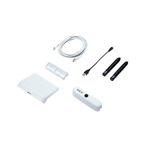 Zubehörset für interaktive Whiteboards von NEC mit Sensor, Stiften und Kabeln auf weißem Hintergrund.