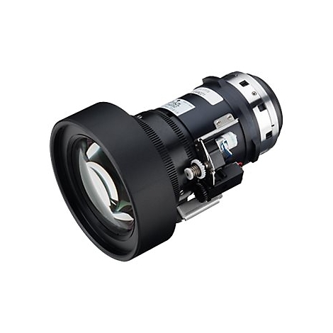 Schwarzes Kameraobjektiv mit Linse und technischen Details, wie Kabel und Schrauben.