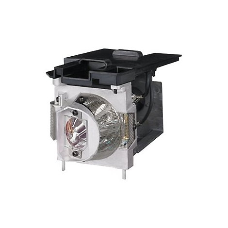 Nahaufnahme einer Projektorlampe mit Metallschutzgitter und schwarzem Kunststoffaufsatz.