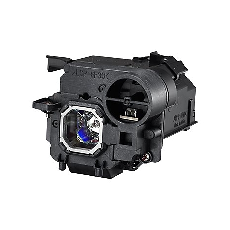 Ein schwarzes Projektormodul mit Glühbirne und Linsen, Details sichtbar.