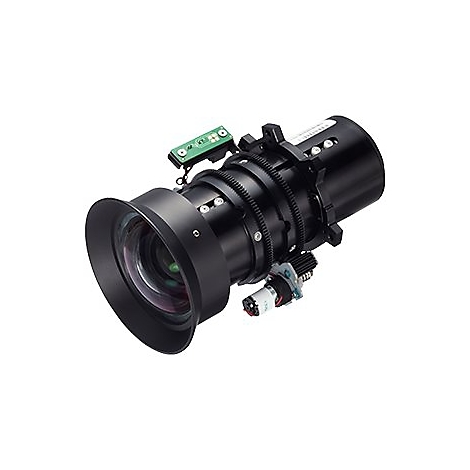 Schwarzes Kameraobjektiv mit Blende, Zahnrädern, elektronischen Komponenten auf weißem Hintergrund.