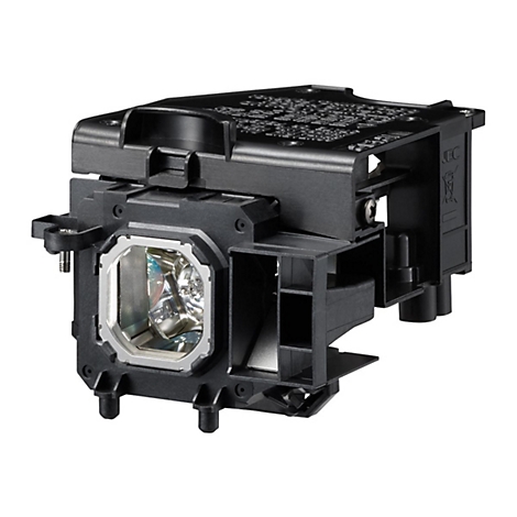 Detailaufnahme einer schwarzen Projektorlampe mit Metallrahmen und silberner Glühbirne.