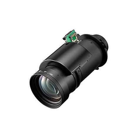 Schwarzes Kameraobjektiv, das auf einem weißen Hintergrund fotografiert wurde. Das Objektiv hat elektronische Komponenten an der Spitze.