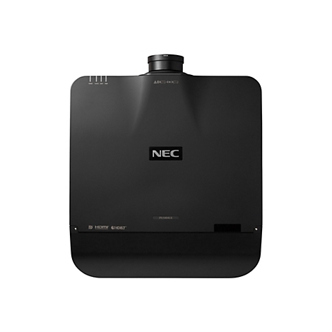 Schwarzer Projektor mit NEC-Logo. Oberhalb befinden sich Kontrollleuchten, Anschlüsse und ein Objektiv.