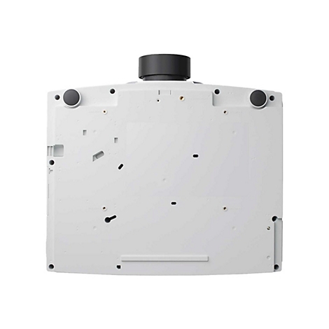 Hellgrauer Projektor von unten mit schwarzen Füßen und Linsenansatz. Auf der Oberseite viele kleine Löcher.