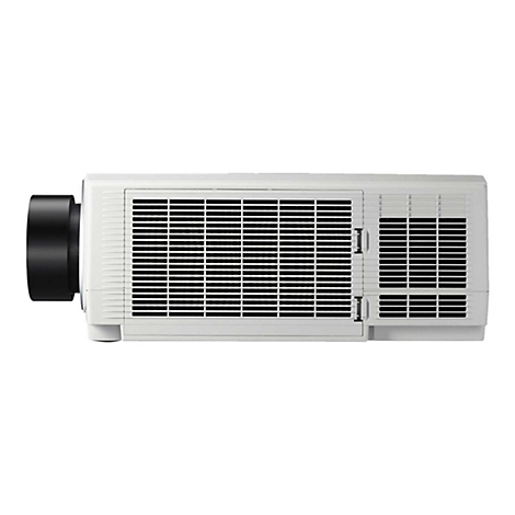 Ein weißer Projektor im Detail, mit schwarzem Objektiv, Lüftungsschlitzen und einem dezenten Logo.