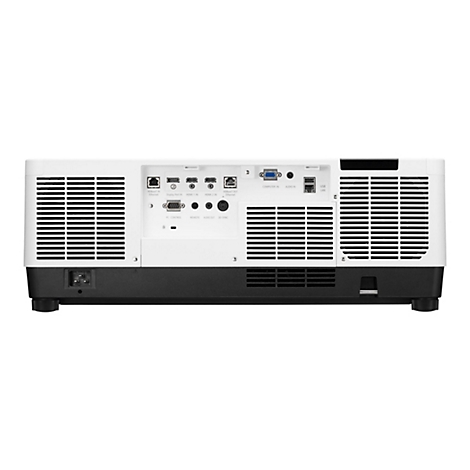 Rückseite eines Projektors mit Anschlüssen für Ethernet, HDMI, USB und Audio.