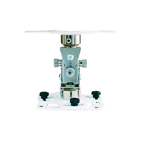 Halterung für einen Projektor mit metallenen Gelenken und schwarzen Schrauben auf weißem Grund.