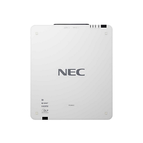 Weißer NEC-Projektor mit Logos und Beschriftungen. Der Projektor hat eine rechteckige Form mit abgerundeten Ecken.