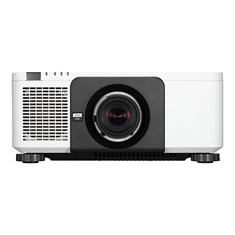 Ein weißer Projektor mit schwarzem Objektiv und Bedienfeld, die Vorderseite ist im Fokus. Der Projektor hat seitliche Lüftungsschlitze und einen Objektiv-Knopf.