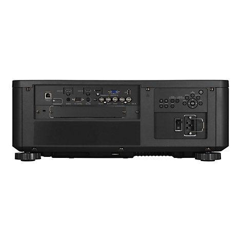 Rückansicht eines schwarzen Projektors mit Anschlüssen für HDMI, Ethernet, USB und andere. Knöpfe und Bedienelemente sind ebenfalls vorhanden.