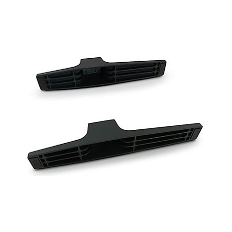 Deux pieds en plastique noir, photographiés en biais. Ils ont une forme allongée, légèrement incurvée avec des nervures.