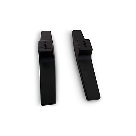 Deux pieds de téléviseur noirs sur fond blanc.