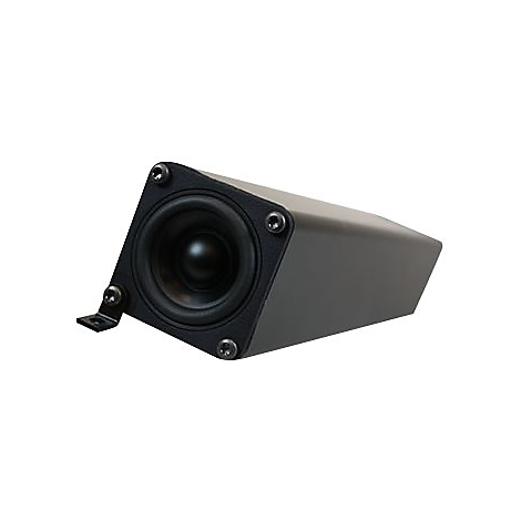 Ein schwarzer Lautsprecher mit Metallhalterung und vier Schrauben.