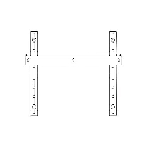 Schwarz-Weiß-Zeichnung einer Wandhalterung für einen Fernseher. Sie besteht aus Metall, mit Schrauben befestigt. Auf weißem Hintergrund.