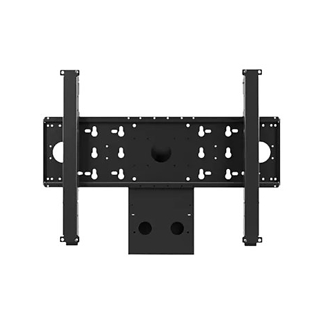 Schwarze Metall-Wandhalterung mit Montageschienen vor weißem Hintergrund.