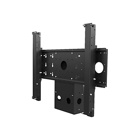 Schwarze, robuste Wandhalterung aus Metall für Displays mit vertikalen Schienen und mittigem Gehäuse.