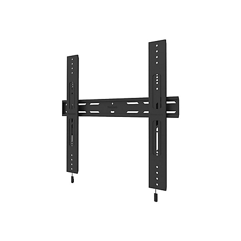 Schwarze TV-Wandhalterung mit mehreren Lochungen fÃ¼r verschiedene TV-GrÃ¶ÃŸen, vor weiÃŸem Hintergrund.