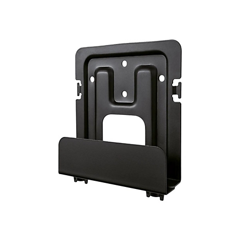 Schwarze Metallhalterung, mit rechteckiger Form und Aussparung in der Mitte, für eine Wandmontage.