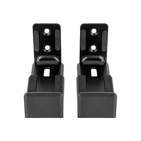 Zwei schwarze Halterungen für eine Soundbar, mit Löchern und gepolsterten Auflagen.