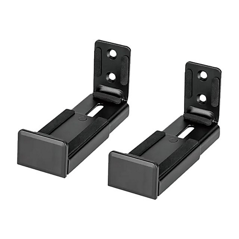 Zwei schwarze Lautsprecherhalterungen auf weißem Grund. Jede Halterung hat eine rechteckige Form mit Aussparungen und zwei Montagebohrungen.