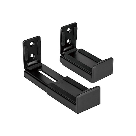 Zwei schwarze Lautsprecherhalterungen auf weißem Grund. Auf der einen sind zwei Schraublöcher zu sehen, auf der anderen Filzpolster.