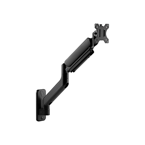 Schwarze Monitorhalterung zur Wandmontage, mit mehreren Gelenken und Halterung für den Monitor.