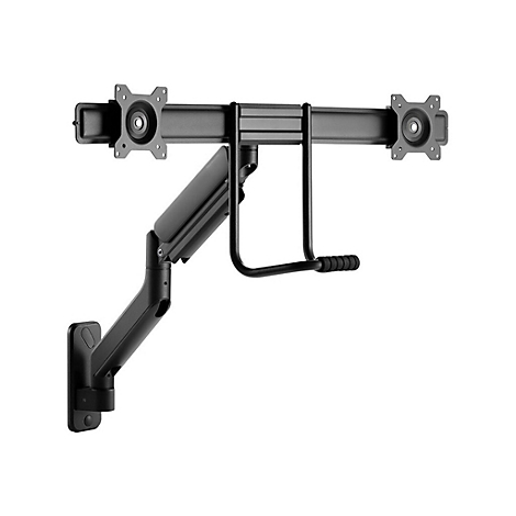 Schwarze Doppelmonitor-Halterung mit schwenkbaren Armen und Halterungen für Monitore, freigestellt vor weißem Hintergrund.