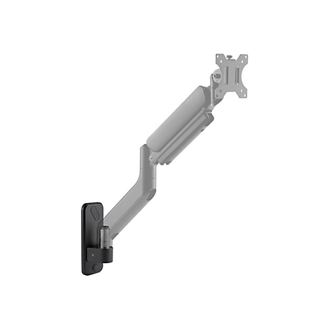 Monitorhalterung in Grau und Schwarz vor weißem Hintergrund.