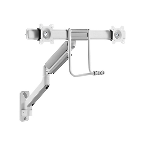 Weißer Monitorhalter für zwei Monitore mit Gasfederung und Wandbefestigung.