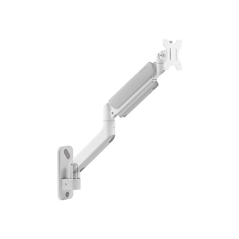 Ein weißer, an der Wand befestigter Monitorarm. Er hat ein schwenkbares Design mit einer Halterung für den Monitor.