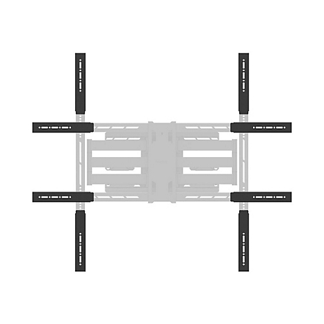 Schwarze TV-Halterung, bestehend aus Haltearmen und einem zentralen Mechanismus. Auf weißem Hintergrund.