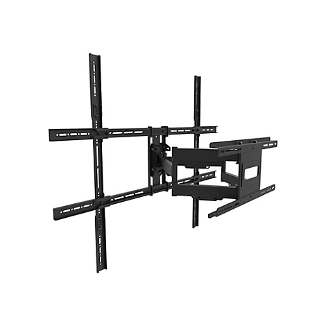 Schwarze TV-Wandhalterung, drehbar, mit mehreren Armen und Halterungen vor weißem Hintergrund.