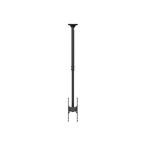 Schwarze Deckenhalterung für einen Fernseher, bestehend aus einer Säule, Halterung und Haltearmen, vor weißem Hintergrund.