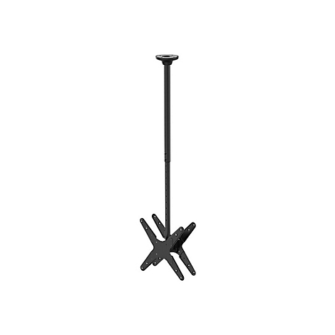 Schwarze Deckenhalterung für Monitore mit langer Stange und X-förmiger VESA-Platte vor weißem Hintergrund.