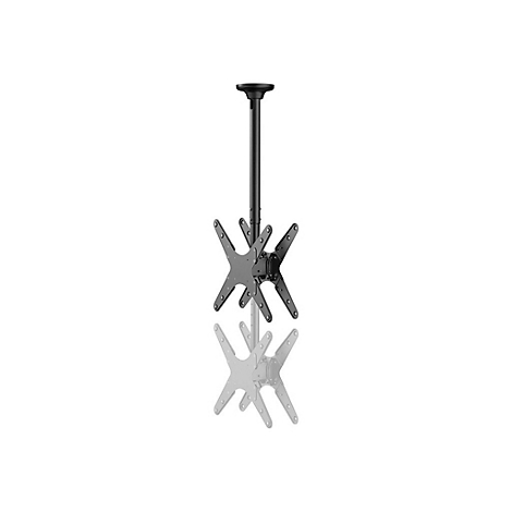 Schwarze Deckenhalterung für Fernseher mit verstellbarem Arm vor weißem Hintergrund.