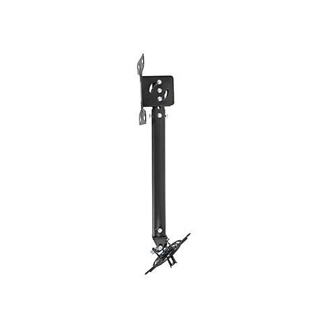 Schwarze Deckenhalterung für Monitore mit langer Stange und schwenkbarem Gelenk vor weißem Hintergrund.