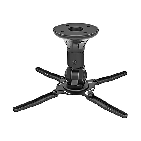 Schwarze Deckenhalterung für einen Projektor, von oben betrachtet. Der Projektorhalter hat einen runden Sockel mit Löchern.