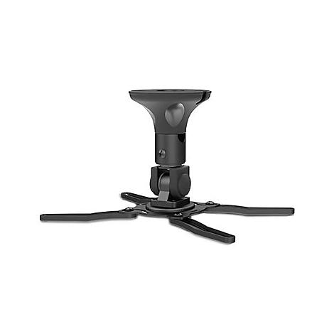 Schwarze Deckenhalterung für einen Projektor, vor weißem Hintergrund. Der Halter hat einen dreieckigen Fuß.