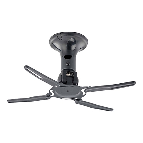 Schwarze Deckenhalterung für einen Projektor, mit vier ausklappbaren Armen, die von einem runden, zylindrischen Hals getragen werden.