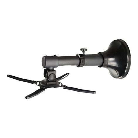 Schwarze Deckenhalterung für einen Projektor. Sie hat einen runden Fuß mit vier Armen und einen Ausleger.