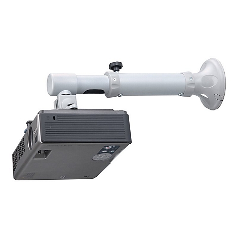 Grauer Projektor an einer Halterung. Die Halterung ist an der Decke befestigt, der Projektor zeigt nach unten.