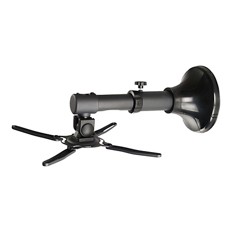 Schwarze Deckenhalterung für einen Projektor. Sie hat einen runden Befestigungsfuß mit vier Armen, einen ausziehbaren Arm und einen Lautsprecher.